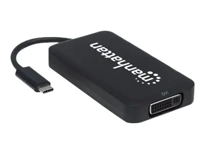 Manhattan USB-C Dock/Hub, Ports (x4): DisplayPort, DVI-I, HDMI or VGA, Note: Only One Port can be used at a time, External Power Supply Not Needed, Cable 8cm, Black, Three Year Warranty, Blister - Videoadapter - 24 pin USB-C männlich zu HD-15 (VGA),