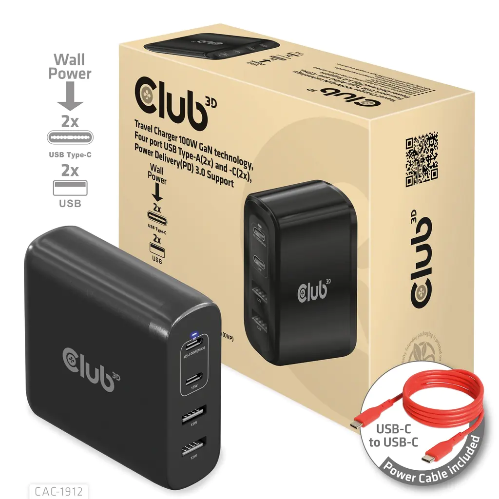 Club 3D Ladegerät 100W GaN-Technologie, Typ-A(2x) und -C(2x), Power Delivery (PD) 3.0 CAC-1912EU