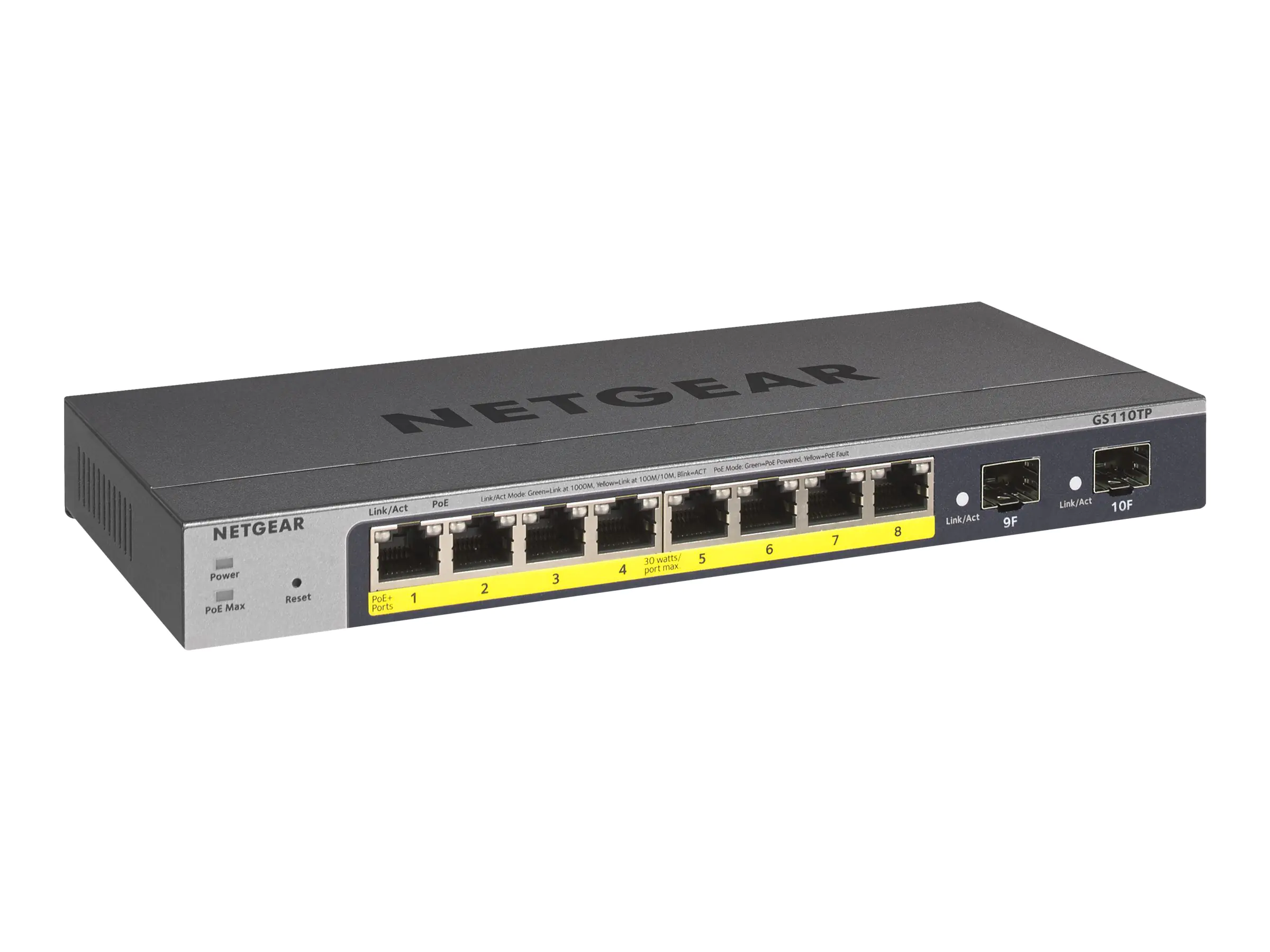 NETGEAR Smart GS110TPv3 - Switch - Smart - 8 x 10/100/1000 (PoE) + 2 x SFP - Desktop, wandmontierbar - PoE+ (55 W) - Gleichstrom NETGEAR Smart GS110TPv3 - Switch - Smart - 8 x 10/100/1000 (PoE) + 2 x SFP - Desktop, wandmontierbar - PoE+ (55 W) - Gleichstrom