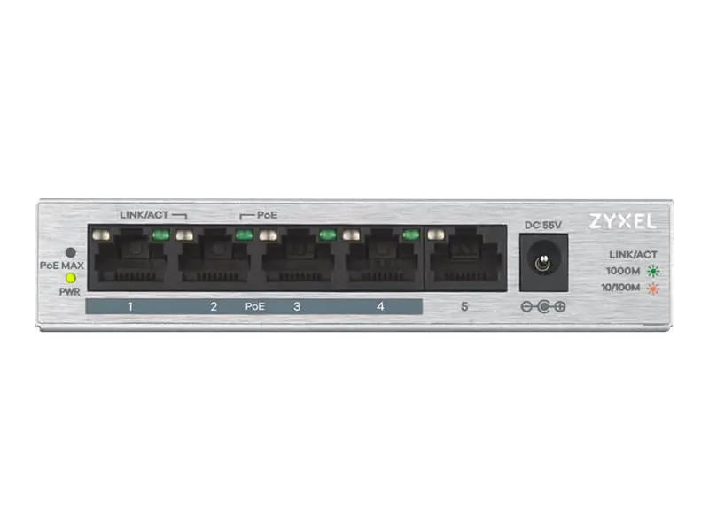 Zyxel GS1005HP - Switch - unmanaged - 4 x 10/100/1000 (PoE+) + 1 x 10/100/1000 - wandmontierbar, Desktop - PoE (60 W) Zyxel GS1005HP - Switch - unmanaged - 4 x 10/100/1000 (PoE+) + 1 x 10/100/1000 - wandmontierbar, Desktop - PoE (60 W)