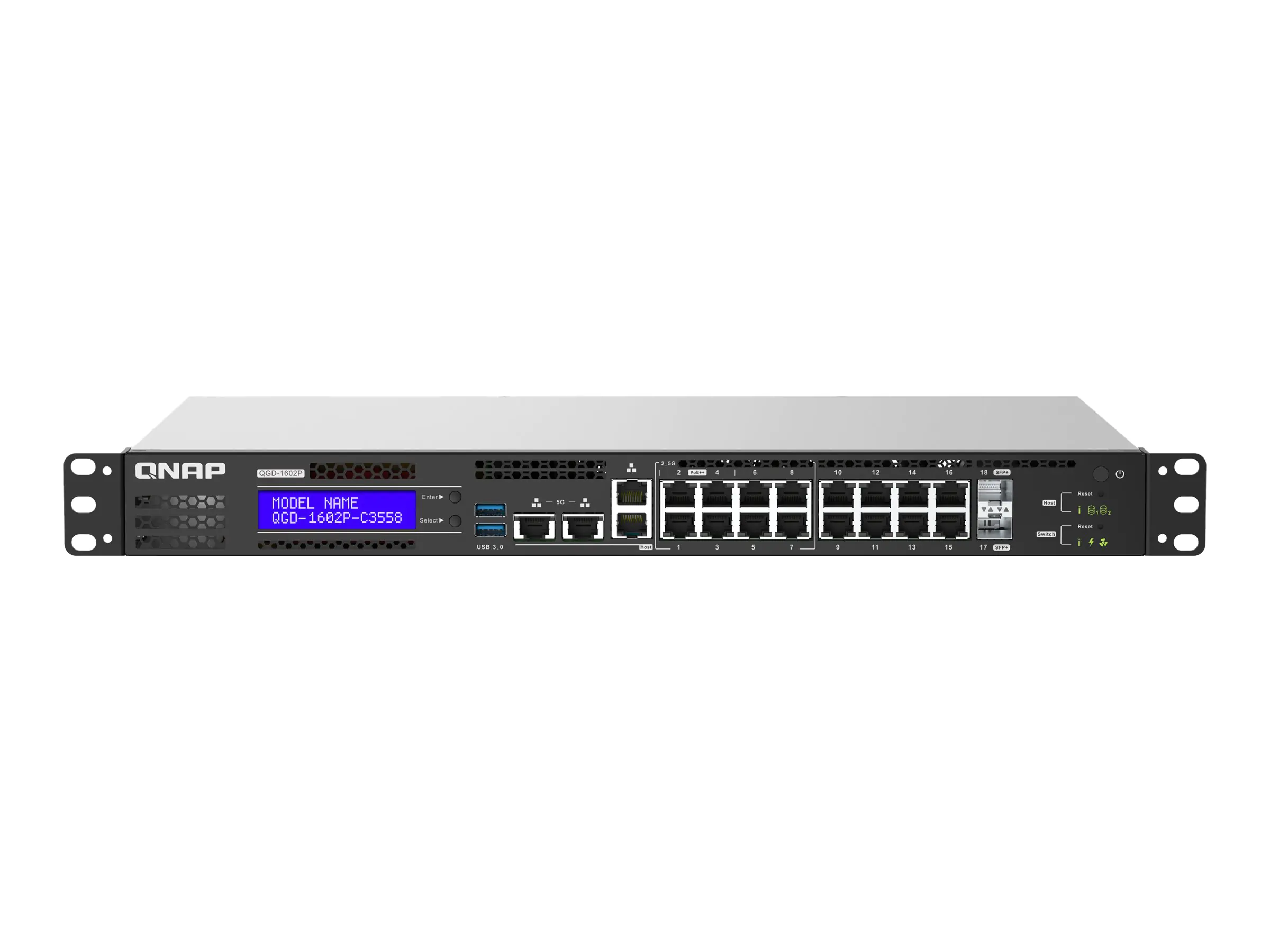 QNAP QGD-1602P - Switch - Smart - 4 x 100/1000/2.5G (PoE++) + 4 x 100/1000/2.5G (PoE+) + 8 x 10/100/1000 (PoE+) + 2 x 10 Gigabit SFP+ - an Rack montierbar - PoE++ (365 W)