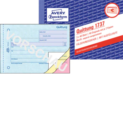 Avery Zweckform Quittung 1737 DI A6 mit MwSt SD 3x40Blatt Avery Zweckform Quittung 1737 DI A6 mit MwSt SD 3x40Blatt
