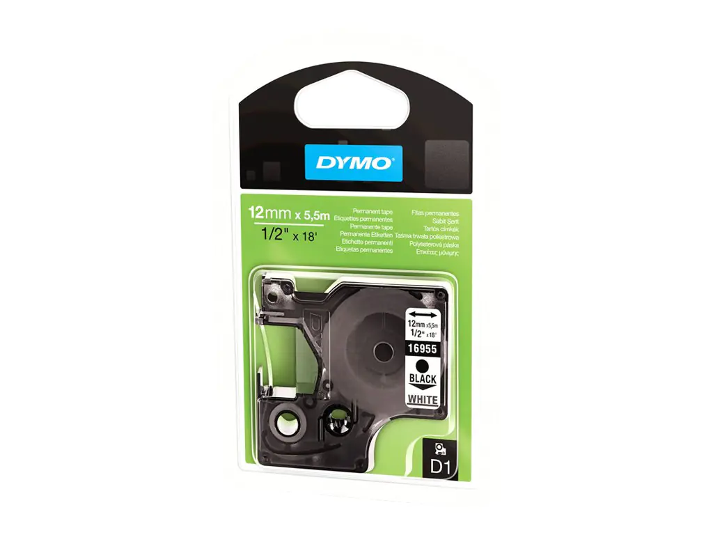 Dymo D1 - Polyester - permanenter Klebstoff - Schwarz auf Weiß - Rolle (1,2 cm x 5,5 m) S0718060