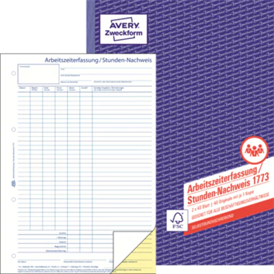 Avery Zweckform Stundennachweis 1773 DIN A4 2x40Blatt Avery Zweckform Stundennachweis 1773 DIN A4 2x40Blatt