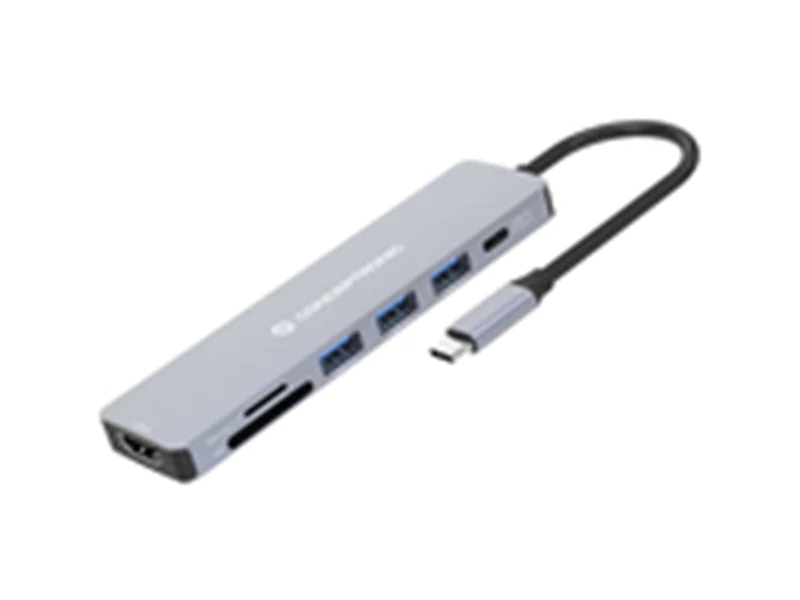 Conceptronic DONN19G 7-in-1 USB 3.2 Gen 1 Dockingstation, HDMI, USB-A 3.0 x 3, SD, TF/MicroSD, 100W USB PD, Kabelgebunden, USB 3.2 Gen 1 (3.1 Gen 1) Type-C, 100 W, Grau, MicroSD (TransFlash), SD, 5 Gbit/s