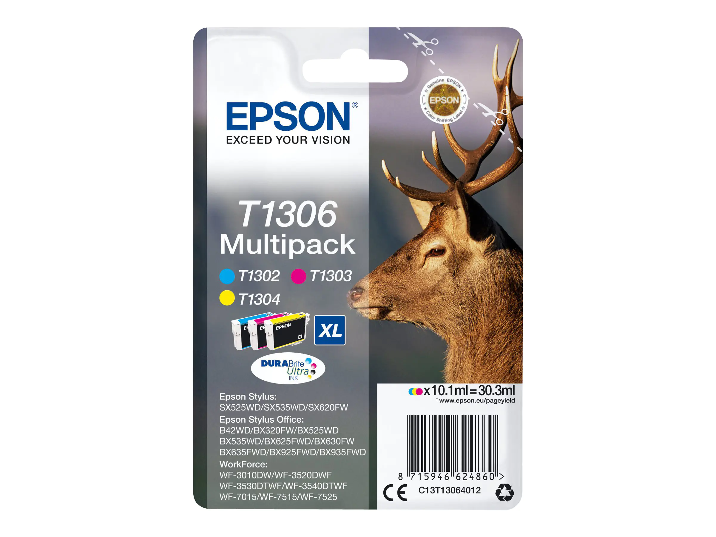 Epson T1306 Multipack - 3er-Pack - 30.3 ml - XL - Gelb, Cyan, Magenta - Original - Tintenpatrone - für Stylus Office BX630, BX635, BX935; WorkForce WF-3010, 3520, 3530, 3540, 7015, 7515, 7525 Epson T1306 Multipack - 3er-Pack - 30.3 ml - XL - Gelb, Cyan, Magenta - Original - Tintenpatrone - für Stylus Office BX630, BX635, BX935; WorkForce WF-3010, 3520, 3530, 3540, 7015, 7515, 7525