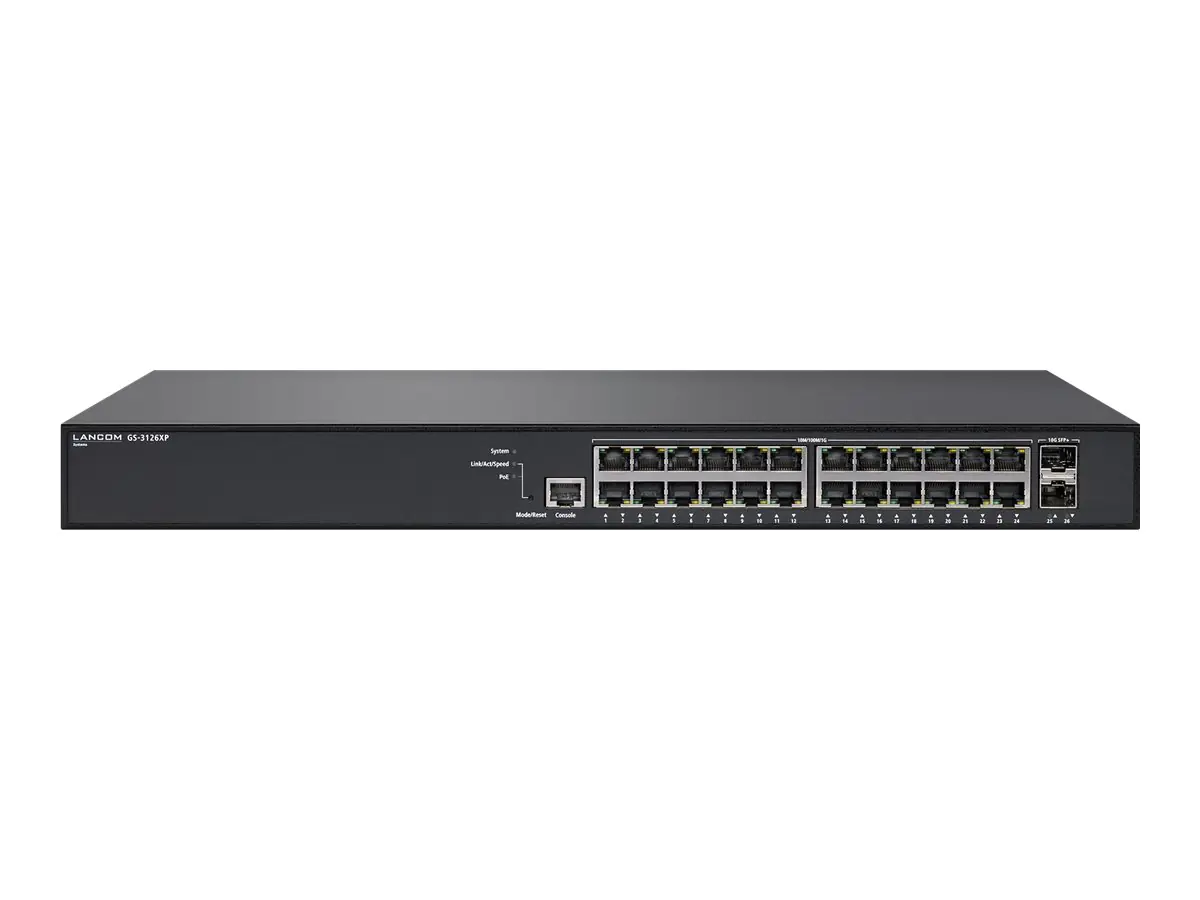 LANCOM GS-3126XP - Switch - L3 Lite - managed - 24 x 10/100/1000 (PoE+) + 2 x 10 Gigabit SFP+ (Uplink) - an Rack montierbar - PoE+ (185 W) LANCOM GS-3126XP - Switch - L3 Lite - managed - 24 x 10/100/1000 (PoE+) + 2 x 10 Gigabit SFP+ (Uplink) - an Rack montierbar - PoE+ (185 W)