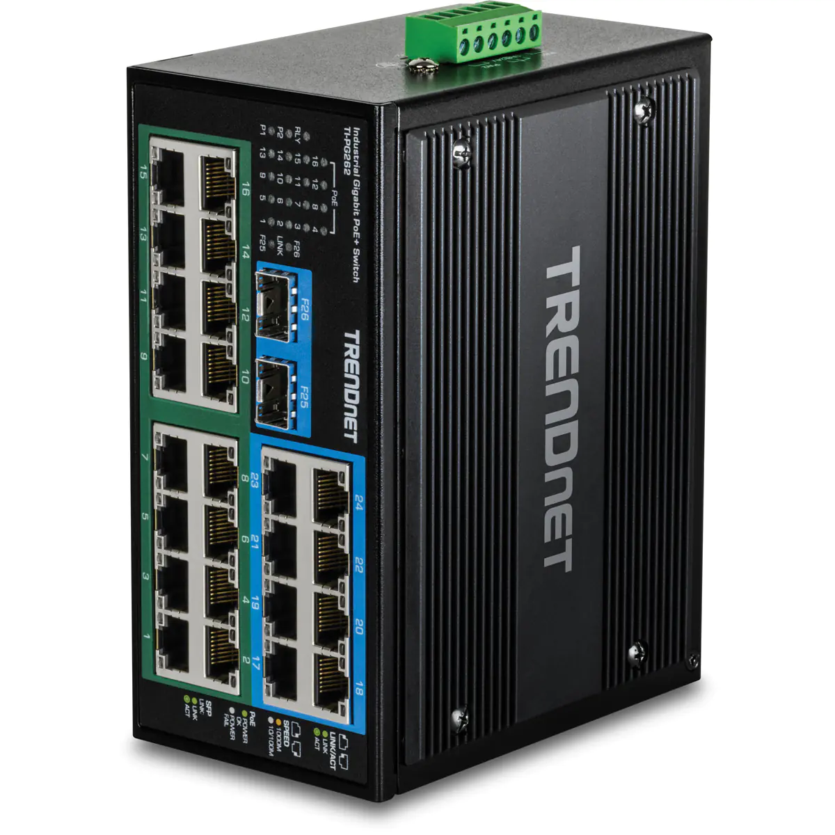 Trendnet TI-G262 - Version v1.0R - Switch - härtet, industriell - unmanaged - 24 x Gigabit Ethernet + 2 x Gigabit SFP - an DIN-Schiene montierbar, wandmontierbar - TAA-konform - für P/N: TI-MGBRJ, TI-MGBS10, TI-MGBS20, TI-MGBS40, TI-MGBSX