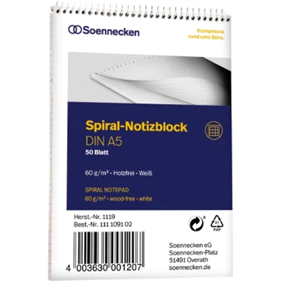 Soennecken Notizblock 1119 DIN A5 60g kariert 50Blatt weiß Soennecken Notizblock 1119 DIN A5 60g kariert 50Blatt weiß