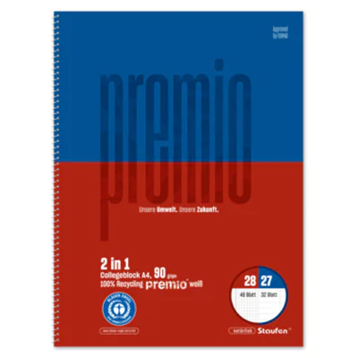 Staufen Collegeblock Premio Twice DIN A4 liniert/kariert mit Rand innen/außen 90g/m² blau/rot 48 Bl. kariert, 32 Bl. liniert