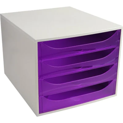 Exacompta Schubladenbox ECOBOX 4 Schubladen DIN A4, Überbreite Polystyrol Gehäusefarbe: grau Farbe der Schublade: himbeerfarben transluzent Exacompta Schubladenbox ECOBOX 4 Schubladen DIN A4, Überbreite Polystyrol Gehäusefarbe: grau Farbe der Schublade: himbeerfarben transluzent