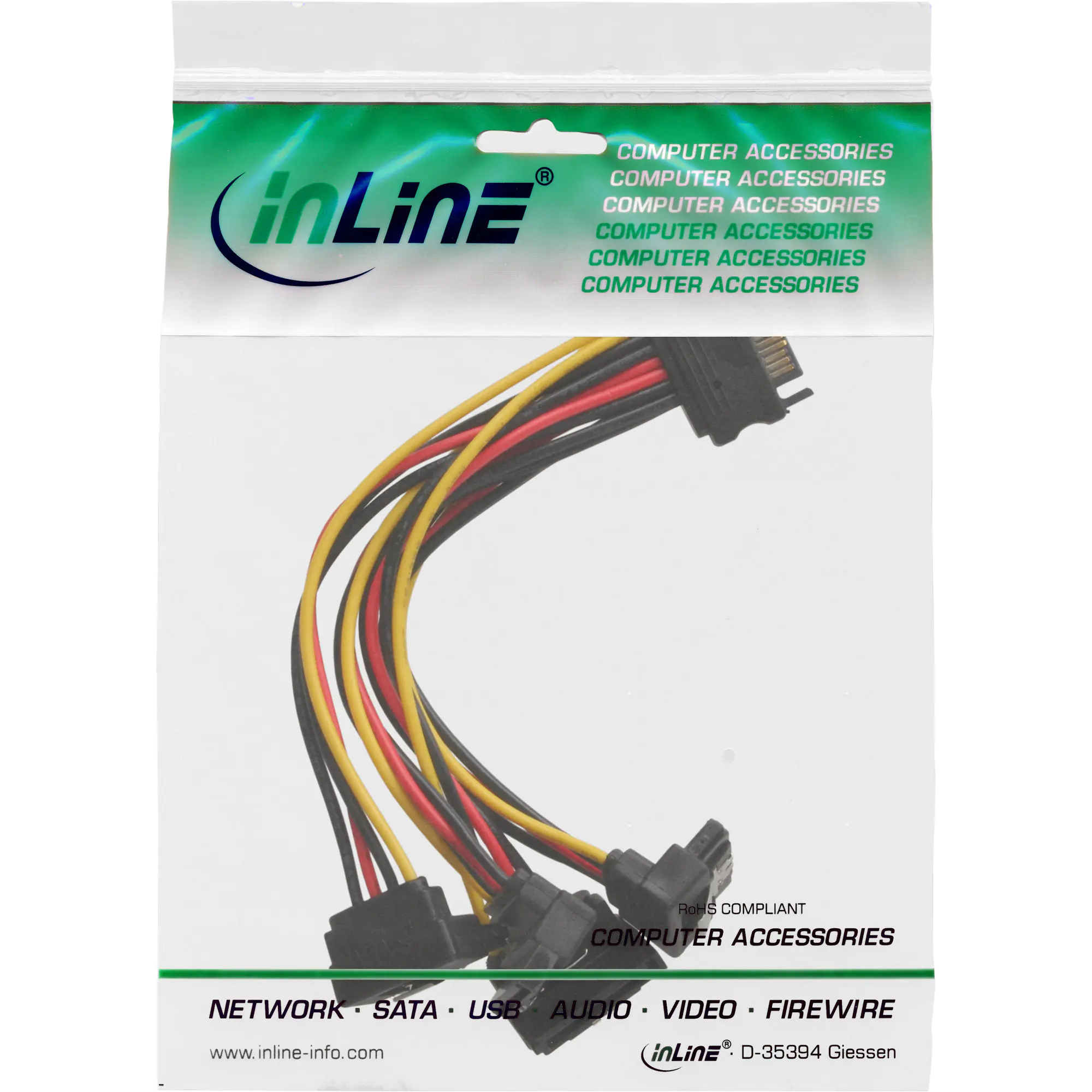 InLine SATA Strom-Y-Kabel - SATA BU/4x SATA ST gew. - m. Laschen - 0,30m 29683X
