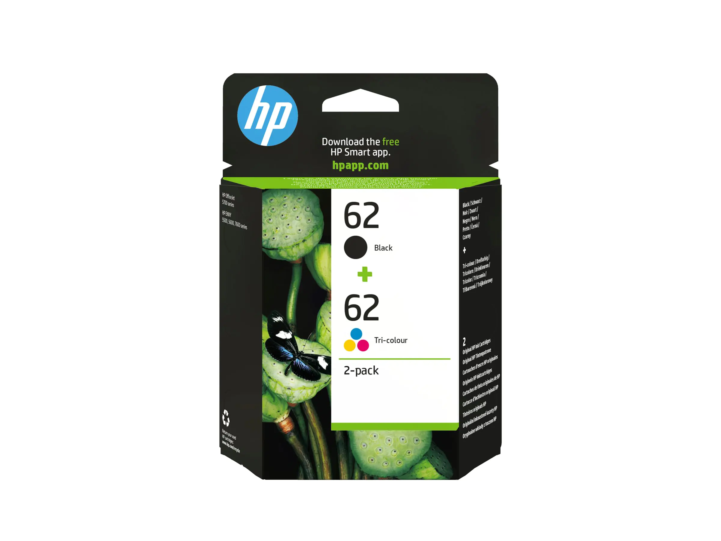 HP 62 2er-Pack Schwarz/Cyan/Magenta/Gelb Original Druckerpatronen, Standardertrag, Schwarz, Cyan, Magenta, Gelb, Tinte auf Pigmentbasis, Tinte auf Farbstoffbasis, 2 Stück(e), 200 Seiten N9J71AE