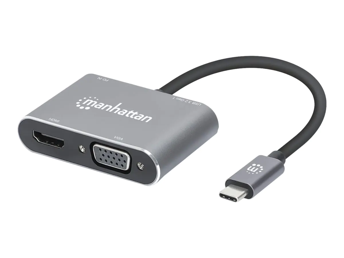 Manhattan USB-C Dock/Hub, Ports (x4): HDMI, USB-A, USB-C and VGA, With Power Delivery (87W) to USB-C Port (Note add USB-C wall charger and USB-C cable needed), All Ports can be used at the same time, Aluminium, Space Grey, Three Year Warranty, Retail Box Manhattan USB-C Dock/Hub, Ports (x4): HDMI, USB-A, USB-C and VGA, With Power Delivery (87W) to USB-C Port (Note add USB-C wall charger and USB-C cable needed), All Ports can be used at the same time, Aluminium, Space Grey, Three Year Warranty, Retail Box