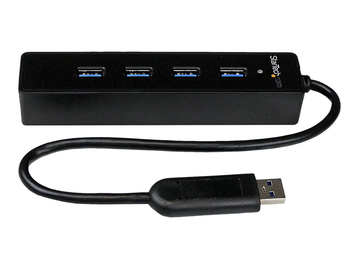 StarTech 4 Port USB 3.0 SuperSpeed Hub - Schwarz - Portabler externer USB Hub mit eingebautem Kabel - Hub - 4 x SuperSpeed USB 3.0 - Desktop - für P/N: FCREADMICRO3, MSDREADU3CA StarTech 4 Port USB 3.0 SuperSpeed Hub - Schwarz - Portabler externer USB Hub mit eingebautem Kabel - Hub - 4 x SuperSpeed USB 3.0 - Desktop - für P/N: FCREADMICRO3, MSDREADU3CA