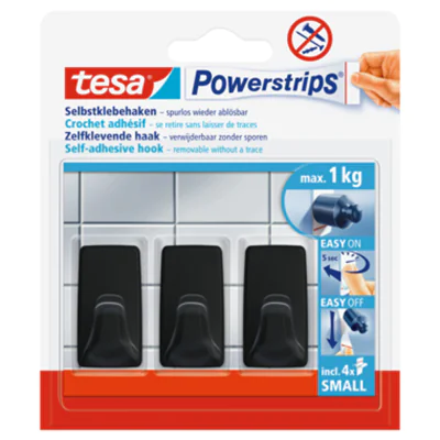 tesa® Haken Powerstrips® Small Fliesen, Glas, Holz, Kunststoff 1kg schwarz 3 St./Pack.