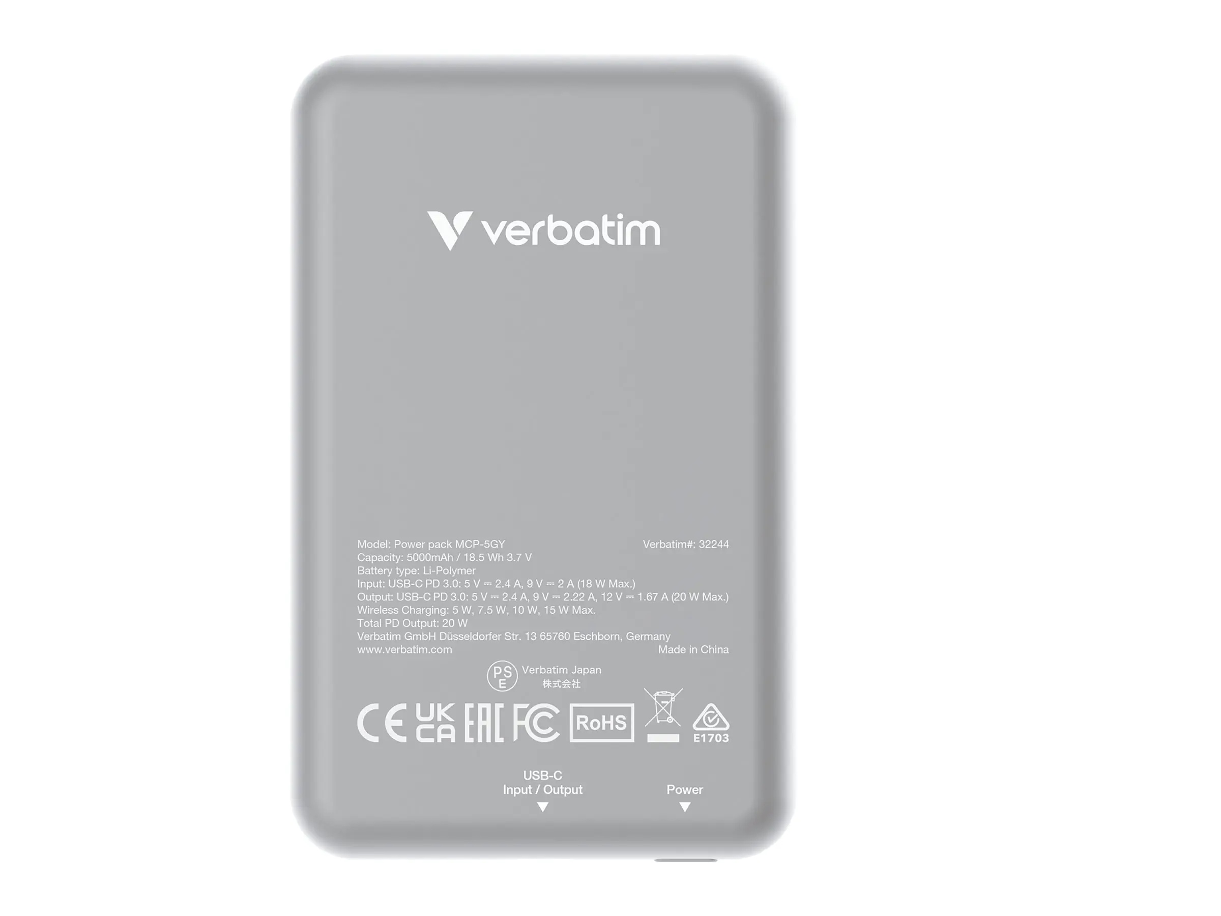 Verbatim Charge 'n' Go - Induktive Power Bank - magnetische Halterung - Li-Pol - 5000 mAh - 20 Watt - 2.4 A - Apple Fast Charge, PD 3.0, QC 3.0, Apple 2.4A, USB BC 1.2 (USB-C) 32244