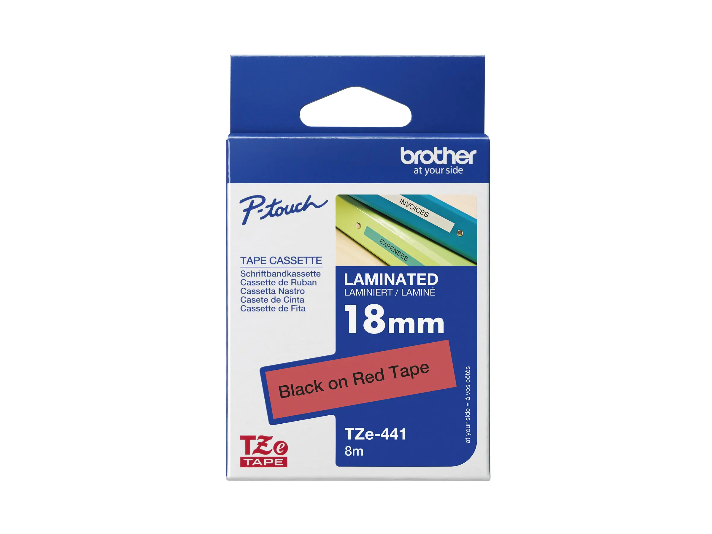 Brother TZe-441 - Standard-Klebstoff - schwarz auf rot - Rolle (1,8 cm x 8 m) TZE441