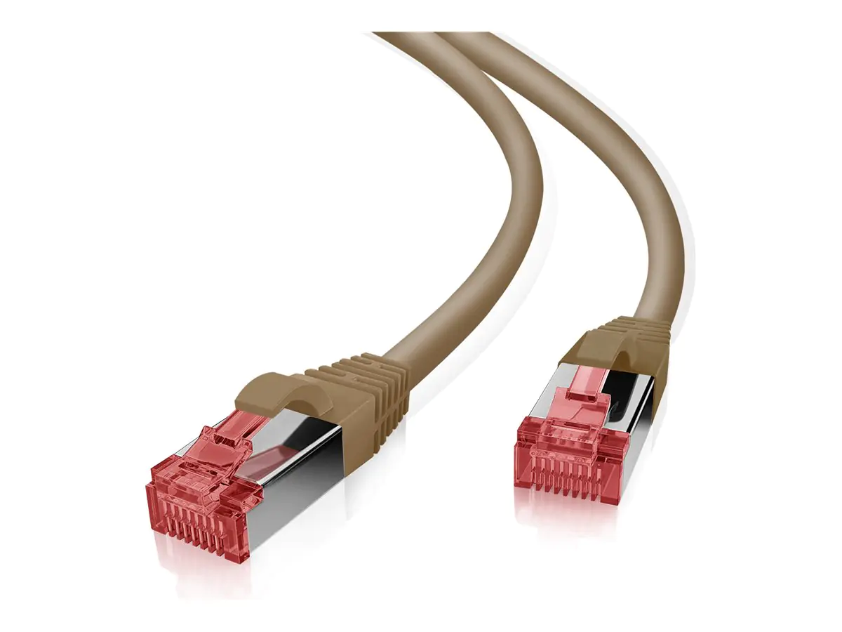 Helos - Patch-Kabel - RJ-45 (M) zu RJ-45 (M) - 15 cm - 6 mm - SFTP, PiMF - CAT 7 (Kabel) / CAT 6a (Anschlüsse) - geschirmt, halogenfrei, geformt, ohne Haken, verseilt, Knickschutzmanschette - braun