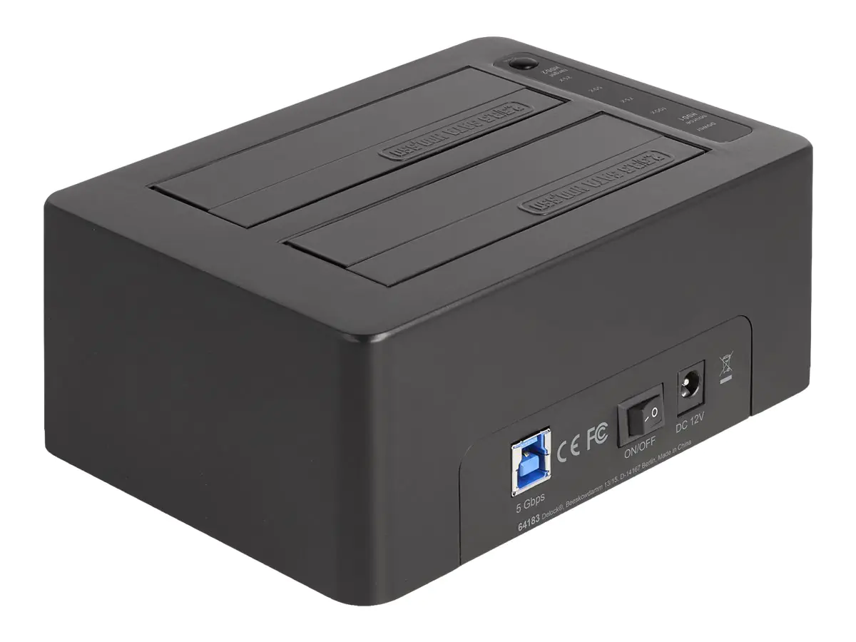 Delock - HDD / SSD Dockingstation Schächte: 2 - 2,5" / 3,5" gemeinsam genutzt (6,4 cm/8,9 cm gemeinsam genutzt) - SATA 6Gb/s - USB 3.2 (Gen 1) - Schwarz