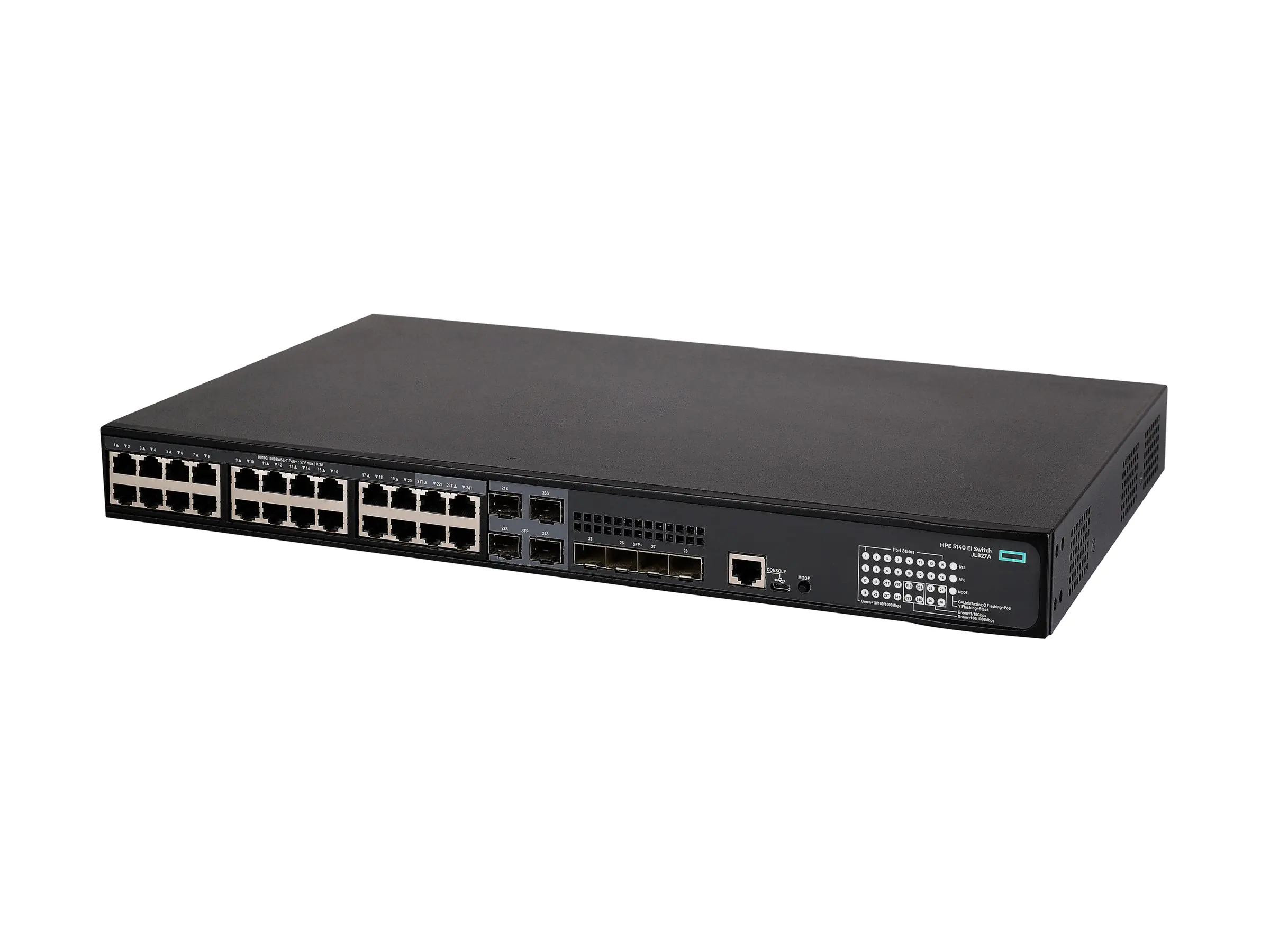 HPE FlexNetwork 5140 24G PoE+ 4SFP+ EI - Switch - L3 - Smart - 24 x 10/100/1000 (PoE+) + 4 x Combo 10/100/1000Base-T (PoE+) / 100/1000Base-X SFP + 4 x 10 Gigabit Ethernet / 1 Gigabit Ethernet SFP+ - an Rack montierbar - PoE+ (370 W)