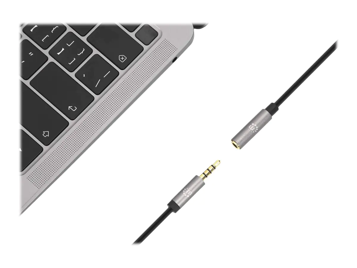 Manhattan Stereo Audio 3.5mm Extension Cable, 1m, Male/Female, Slim Design, Black/Silver, Premium with 24 karat gold plated contacts and pure oxygen-free copper (OFC) 356022