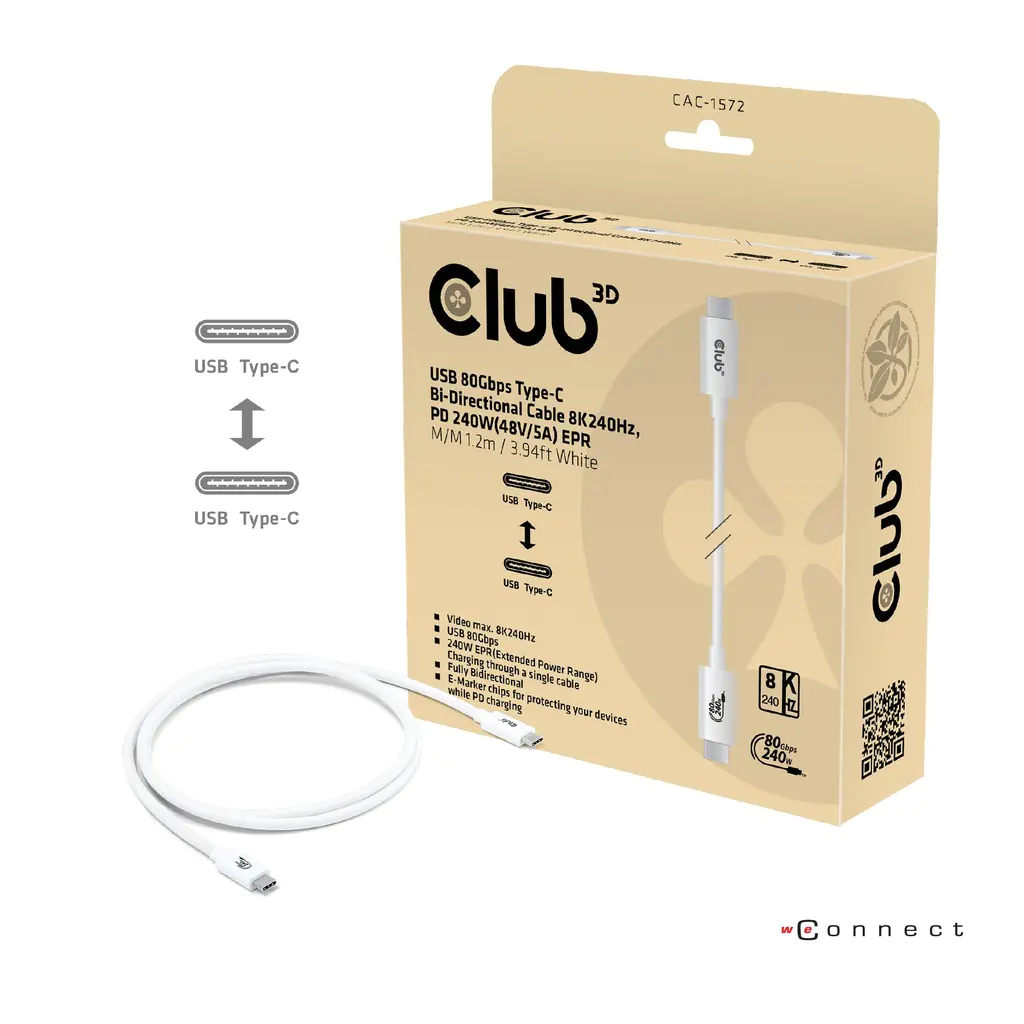 Club 3D Kabel USB C zertifi. PD240W/8K240Hz/80Gbps 1.2m weiß retail - Kabel - D