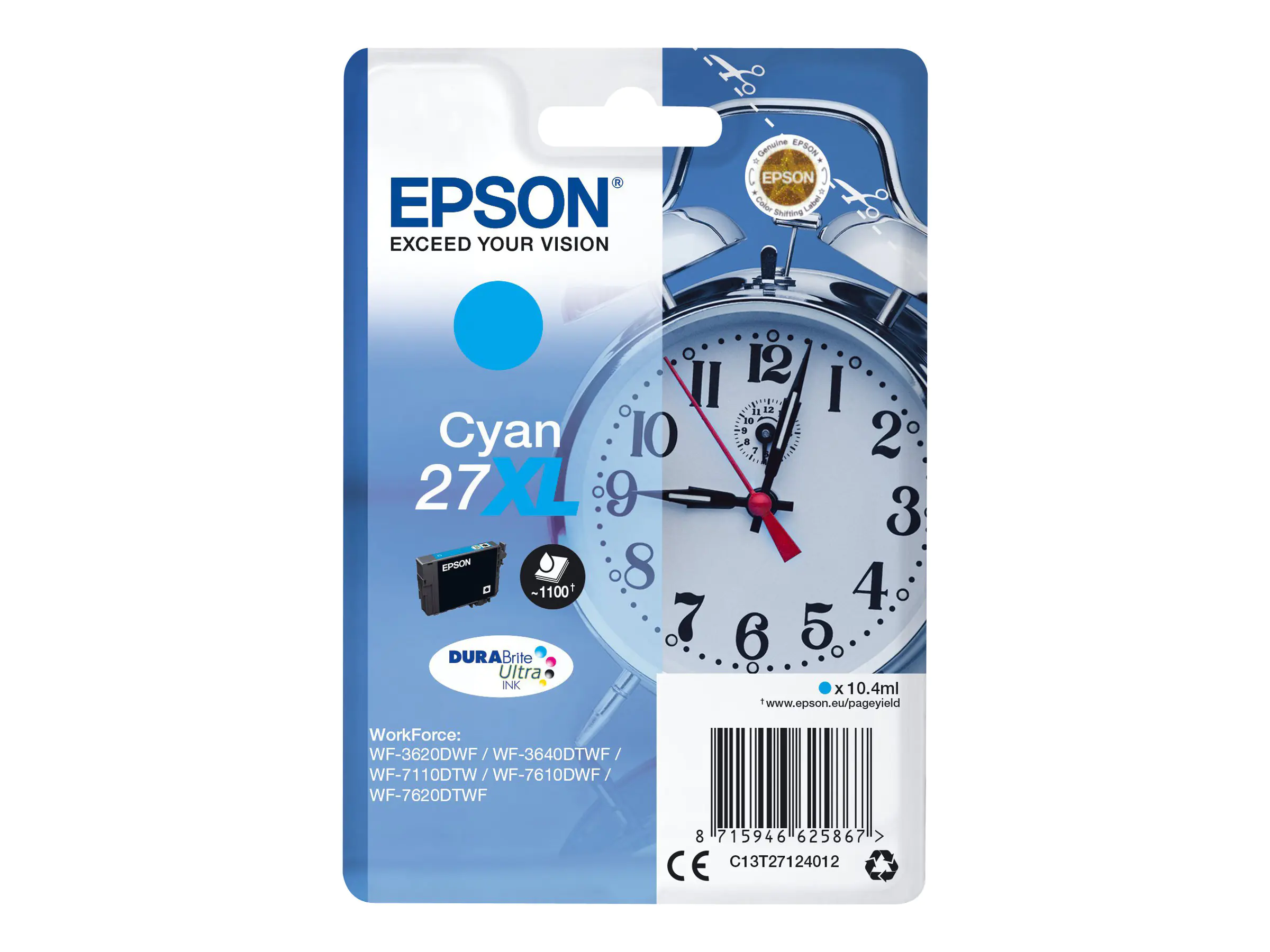 Epson 27 - 3.6 ml - Cyan - Original - Tintenpatrone - für WorkForce WF-3620, WF-3640, WF-7110, WF-7210, WF-7610, WF-7620, WF-7710, WF-7715, WF-7720 Epson 27 - 3.6 ml - Cyan - Original - Tintenpatrone - für WorkForce WF-3620, WF-3640, WF-7110, WF-7210, WF-7610, WF-7620, WF-7710, WF-7715, WF-7720