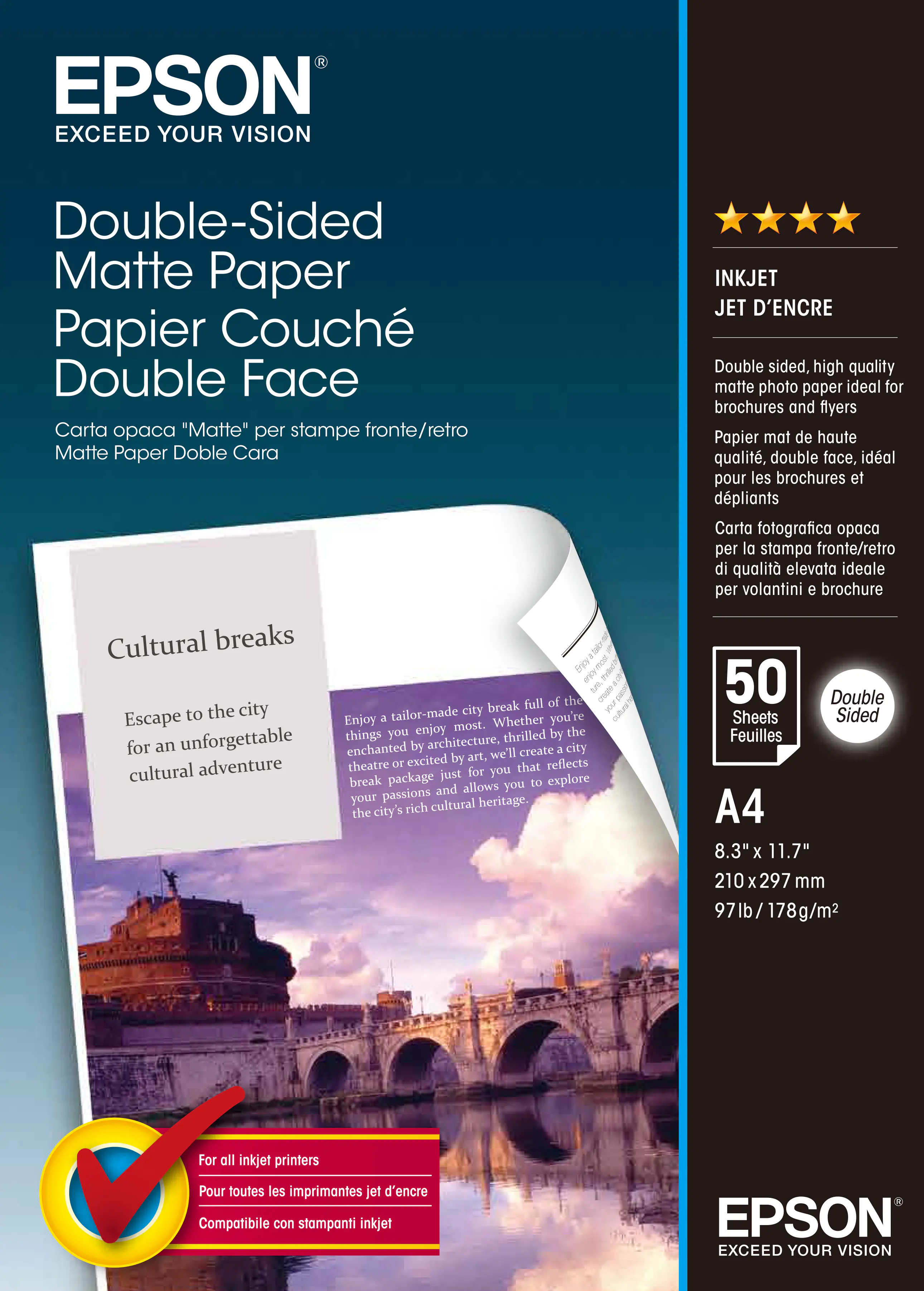 Epson Fotopapier C13S041569 DIN A4 180 g/m² matt für Tintenstrahldrucker doppelseitig 50 Blatt