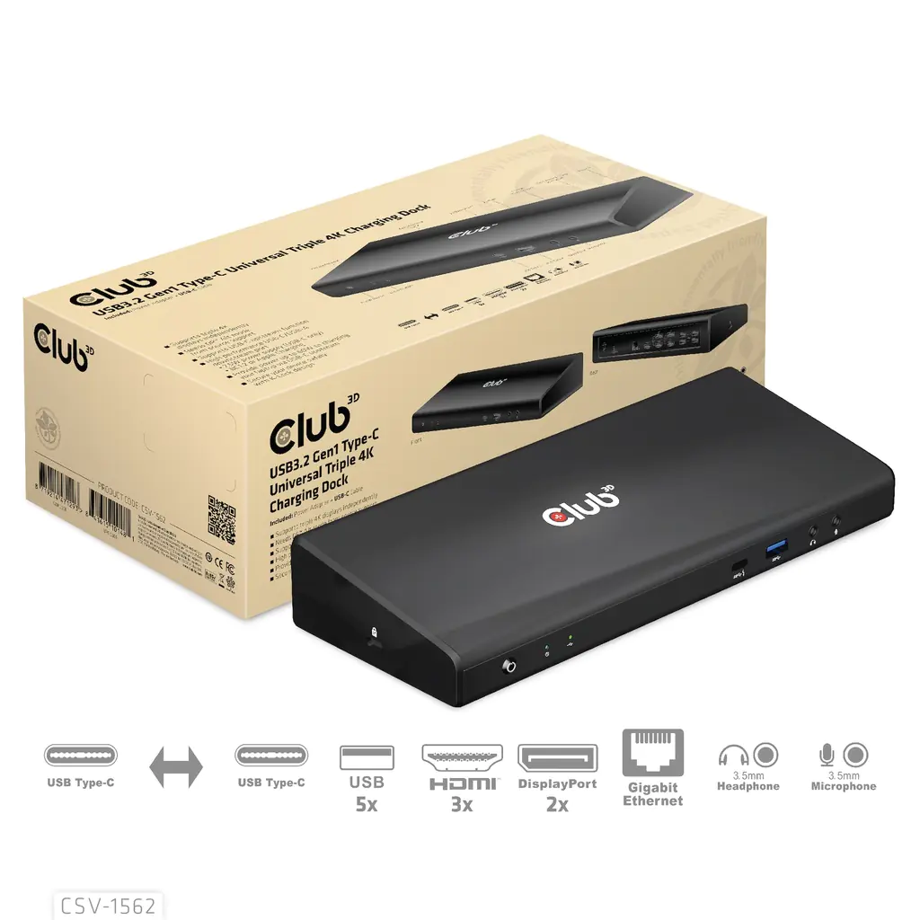 Club 3D USB Typ C 3.2 Gen1 Universelle Triple 4K Docking mit Ladefunktion CSV-1562