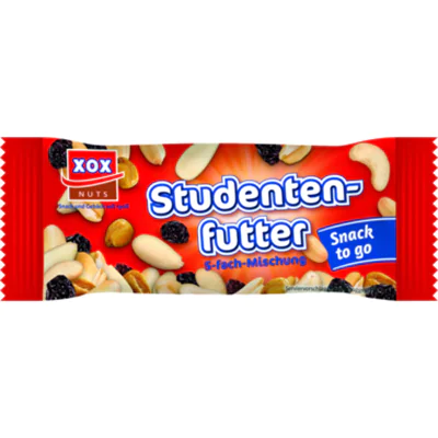 XOX Studentenfutter geröstete Erdnüsse, blanchierte Mandeln, Cashewkerne, Weinbeeren, frittierte Maiskörner 20 x 50 g/Pack. XOX Studentenfutter geröstete Erdnüsse, blanchierte Mandeln, Cashewkerne, Weinbeeren, frittierte Maiskörner 20 x 50 g/Pack.