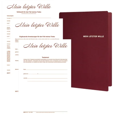 RNK Verlag Vorsorgemappe Mein letzter Wille 2 Personen Umfangreiche Erläuterungen, je 2 x Schreibbogen für handschriftliches Testament, Vollmacht für Todesfall, Anweisungen für Todesfall Feinstkarton weinrot RNK Verlag Vorsorgemappe Mein letzter Wille 2 Personen Umfangreiche Erläuterungen, je 2 x Schreibbogen für handschriftliches Testament, Vollmacht für Todesfall, Anweisungen für Todesfall Feinstkarton weinrot