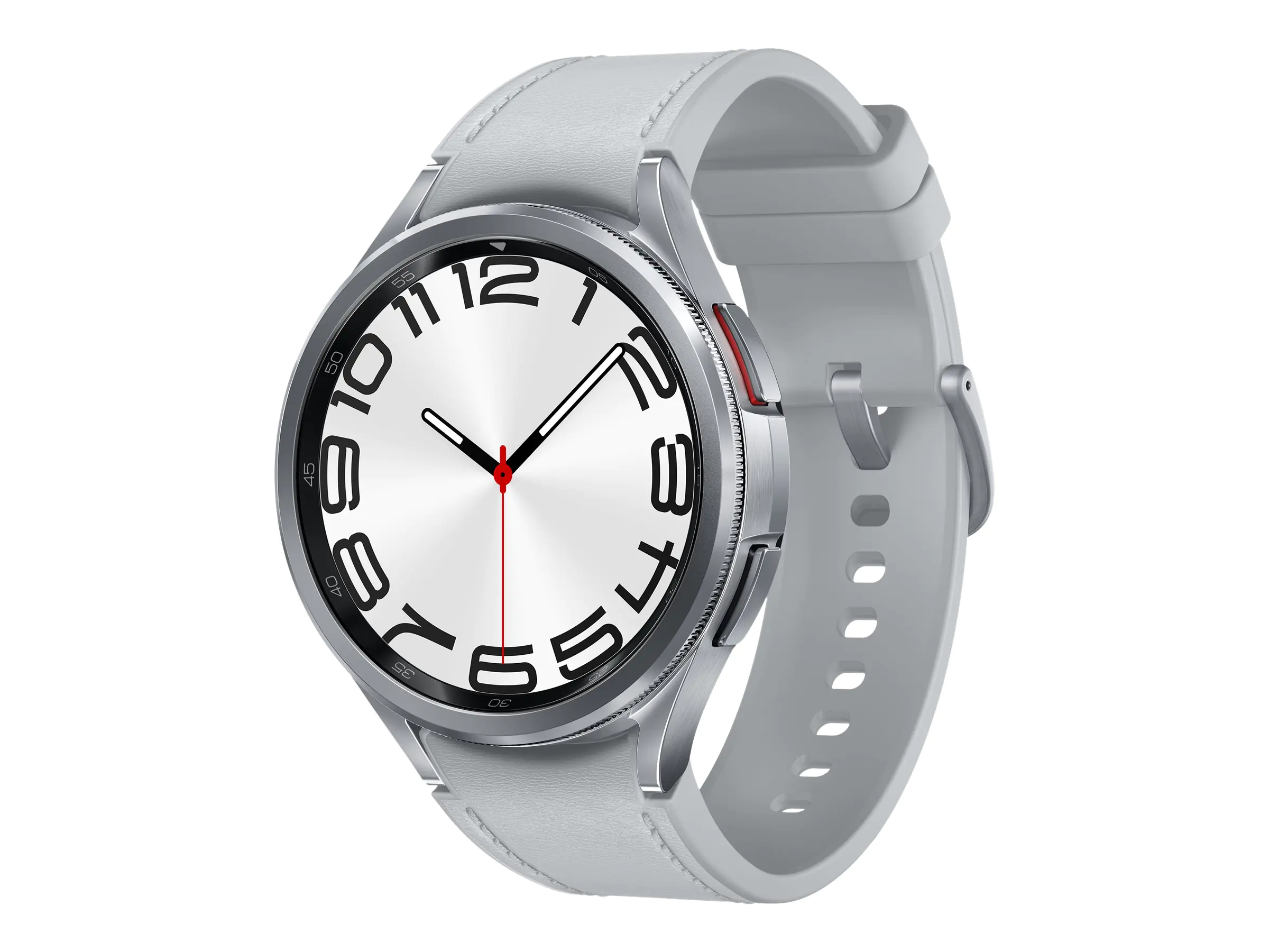 Samsung Galaxy Watch6 Classic - 47 mm - intelligente Uhr mit Band - Hybrid-Eco-Leder - Silber - Bandgröße: M/L - Anzeige 3.73 cm (1.5") - 16 GB - NFC, Wi-Fi, Bluetooth, LTE - 4G - 59 g - Silber