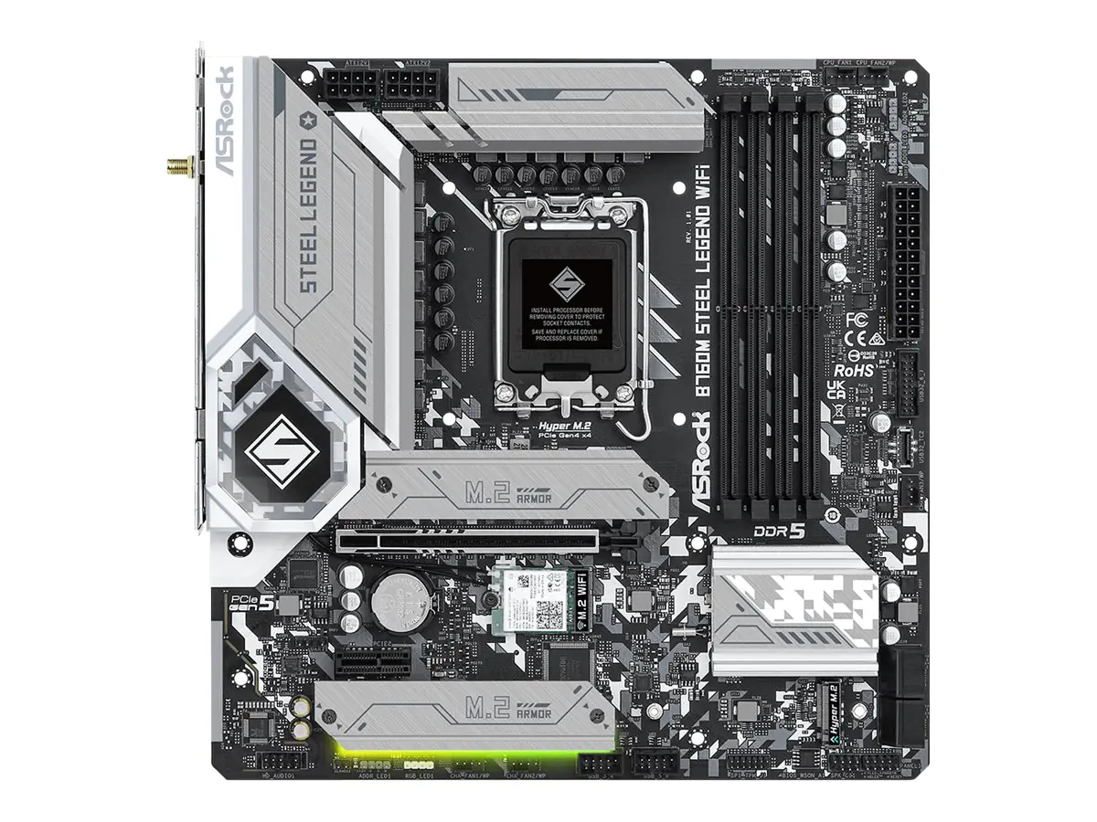 ASRock B760M Steel Legend WiFi - Motherboard - micro ATX - LGA1700 Sockel - B760 Chipsatz - USB-C 3.2 Gen2, USB 3.2 Gen 2, USB 3.2 Gen 1 - 2.5 Gigabit LAN, Wi-Fi 6E, Bluetooth - Onboard-Grafik (CPU erforderlich) 90-MXBL70-A0UAYZ