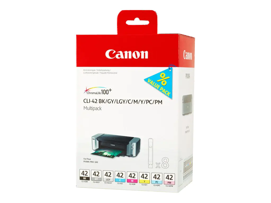 Canon CLI-42 BK/GY/LG/C/M/Y/PC/PM Multipack - 8er-Pack - Grau, Gelb, Cyan, Magenta, Hellgrau, Photo Cyan, Photo Magenta - original - Tintenbehälter - für PIXMA PRO-100, PRO-100S; PIXUS PRO-100 Canon CLI-42 BK/GY/LG/C/M/Y/PC/PM Multipack - 8er-Pack - Grau, Gelb, Cyan, Magenta, Hellgrau, Photo Cyan, Photo Magenta - original - Tintenbehälter - für PIXMA PRO-100, PRO-100S; PIXUS PRO-100