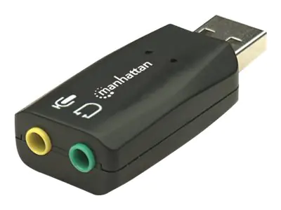 Manhattan USB-A Sound Adapter, USB-A to 3.5mm Mic-in and Audio-Out ports, 480 Mbps (USB 2.0), supports 3D and virtual 5.1 surround sound, Hi-Speed USB, Black, Three Year Warranty, Blister - Soundkarte - Stereo - USB 2.0 Manhattan USB-A Sound Adapter, USB-A to 3.5mm Mic-in and Audio-Out ports, 480 Mbps (USB 2.0), supports 3D and virtual 5.1 surround sound, Hi-Speed USB, Black, Three Year Warranty, Blister - Soundkarte - Stereo - USB 2.0