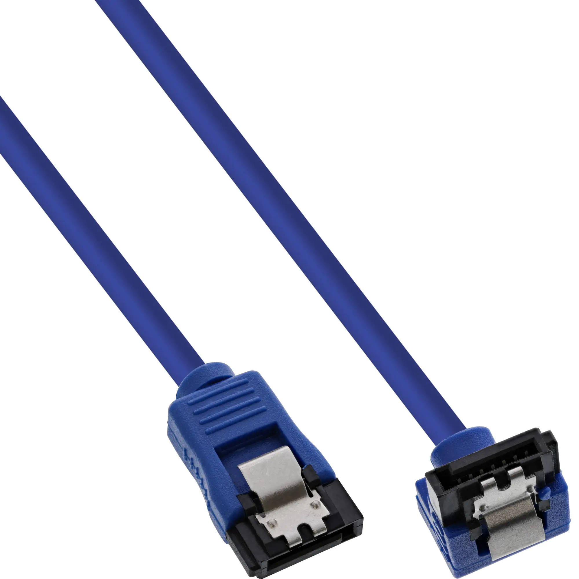 InLine SATA 6Gb/s Anschlusskabel rund - abgewinkelt - blau - mit Lasche - 0,15m 27701F