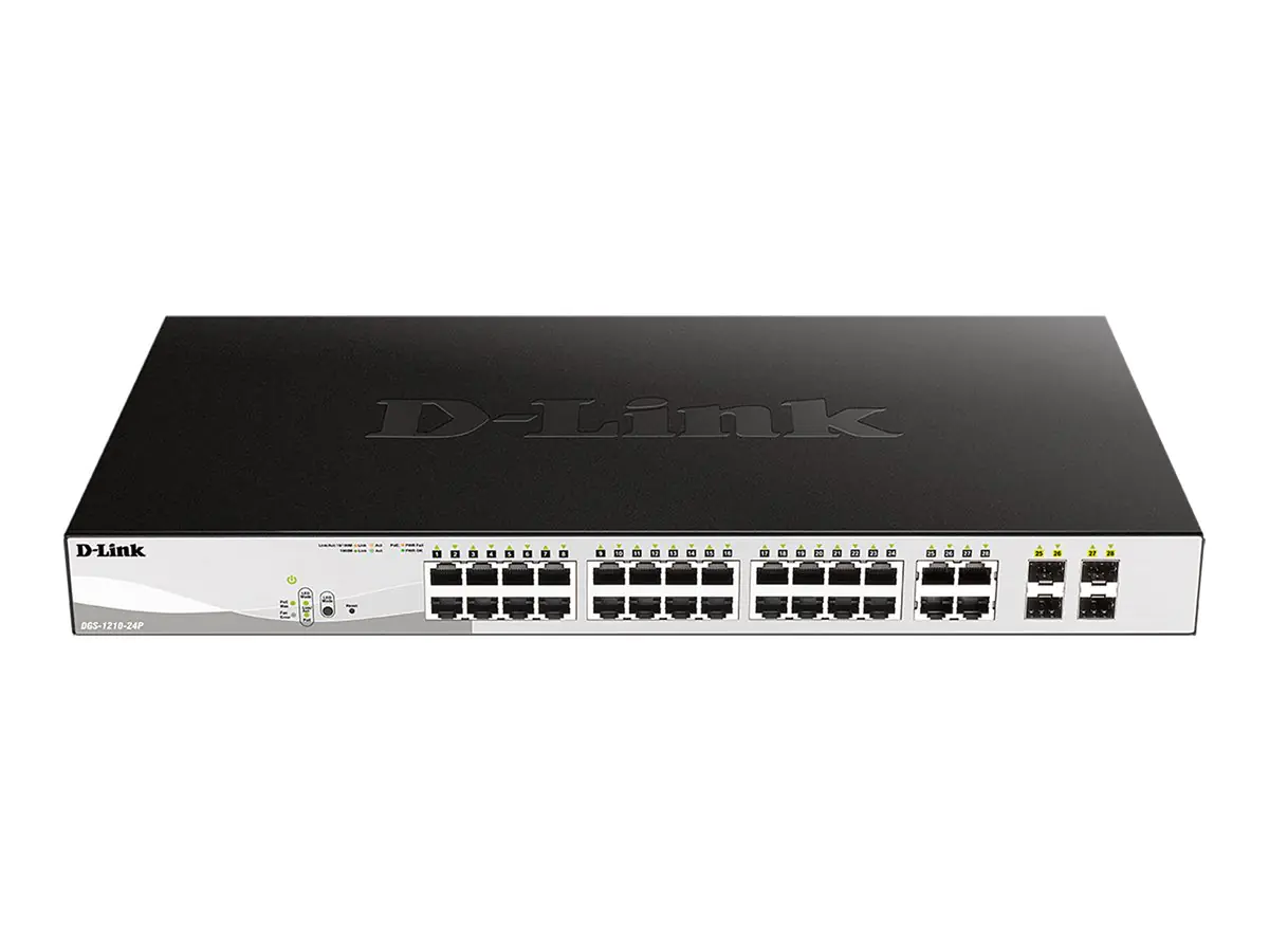 D-Link DGS 1210-24P - Switch - Smart - 24 x 10/100/1000 (PoE+) + 4 x Combo Gigabit Ethernet/Gigabit SFP - Desktop, an Rack montierbar - PoE+ (193 W)