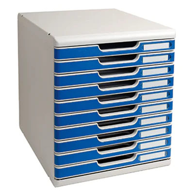 Exacompta Schubladenbox MODULO 10 Schubladen DIN A4+ Polystyrol Gehäusefarbe: lichtgrau Farbe der Schublade: blau Exacompta Schubladenbox MODULO 10 Schubladen DIN A4+ Polystyrol Gehäusefarbe: lichtgrau Farbe der Schublade: blau