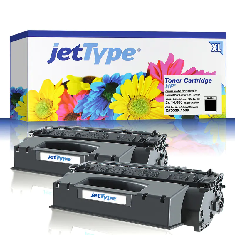 jetType Toner Doppelpack kompatibel zu HP Q7553XD 53X schwarz 2x 7.000 Seiten Große Füllmenge jetType Toner Doppelpack kompatibel zu HP Q7553XD 53X schwarz 2x 7.000 Seiten Große Füllmenge