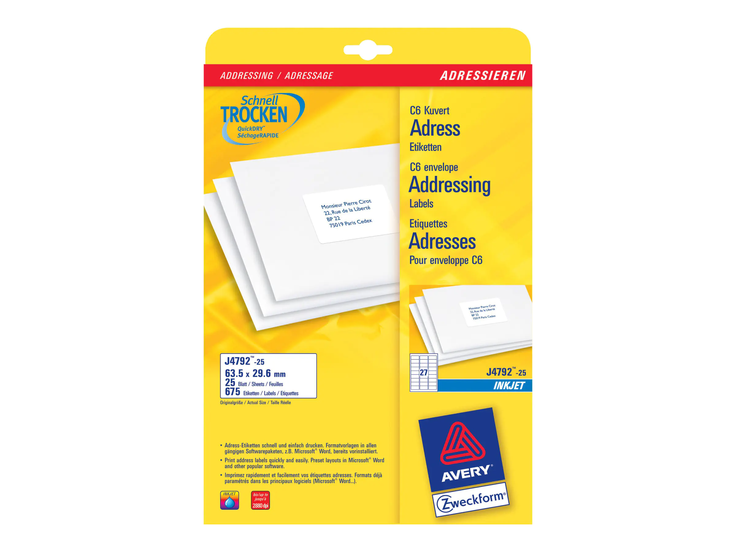 Avery Zweckform Etikett J4792-25 63,5x29,6mm ws 675 St./Pack.