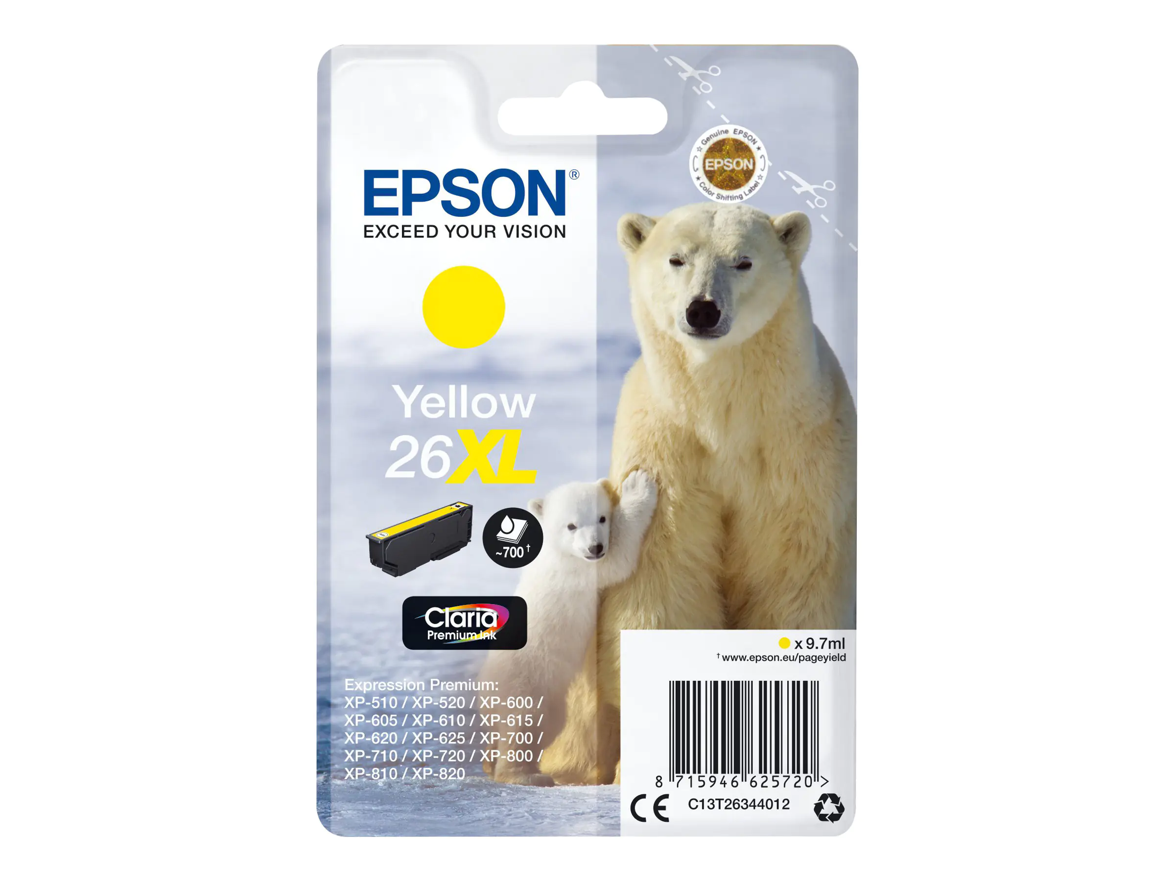 Epson 26XL - 9.7 ml - XL - Gelb - Original - Blisterverpackung - Tintenpatrone - für Expression Premium XP-510, 520, 600, 605, 610, 615, 620, 625, 700, 710, 720, 800, 810, 820 Epson 26XL - 9.7 ml - XL - Gelb - Original - Blisterverpackung - Tintenpatrone - für Expression Premium XP-510, 520, 600, 605, 610, 615, 620, 625, 700, 710, 720, 800, 810, 820
